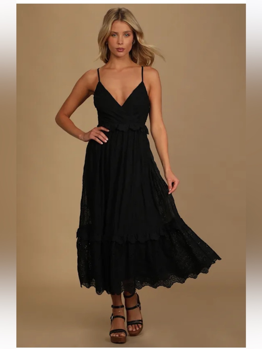 Lulu’s NWT Black Eyelet Lace Tiered Ruffle Midi Dress LBD Little Black Dress L